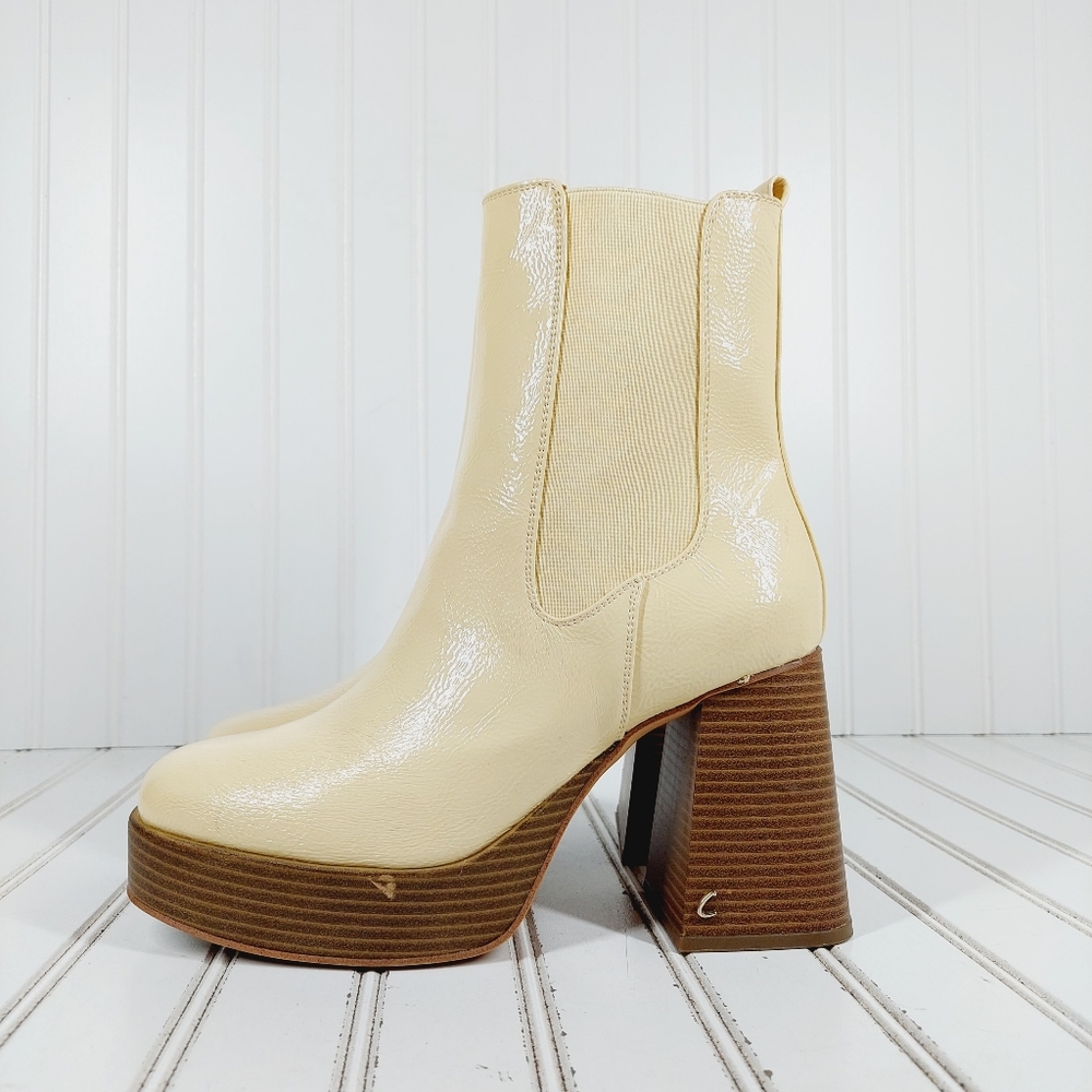 Circus NY Stace Women's Cream Brown Elastic Gore Block Heel Ankle Boots K376